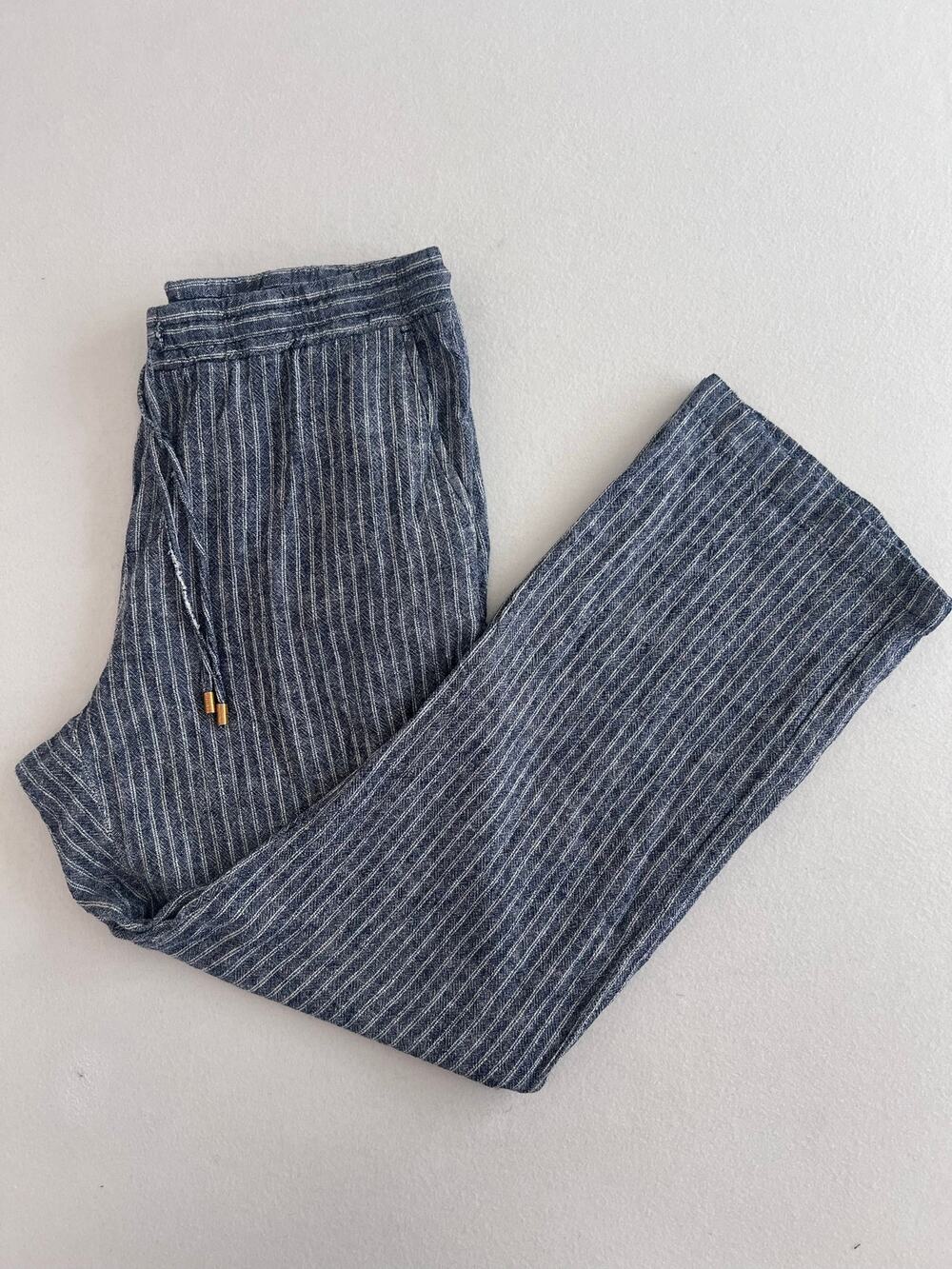 Ellen Tracy Linen Blend Pants Womens S Blue White Pinstripe Wide Leg Pull On